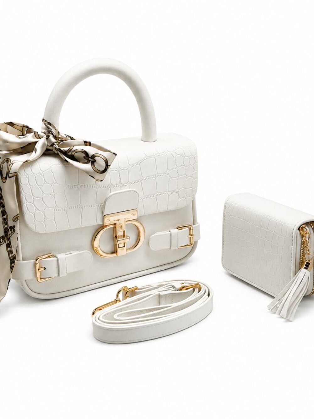 Elegant White Crocodile Embossed Top Handle Handbag & Matching Wallet Set